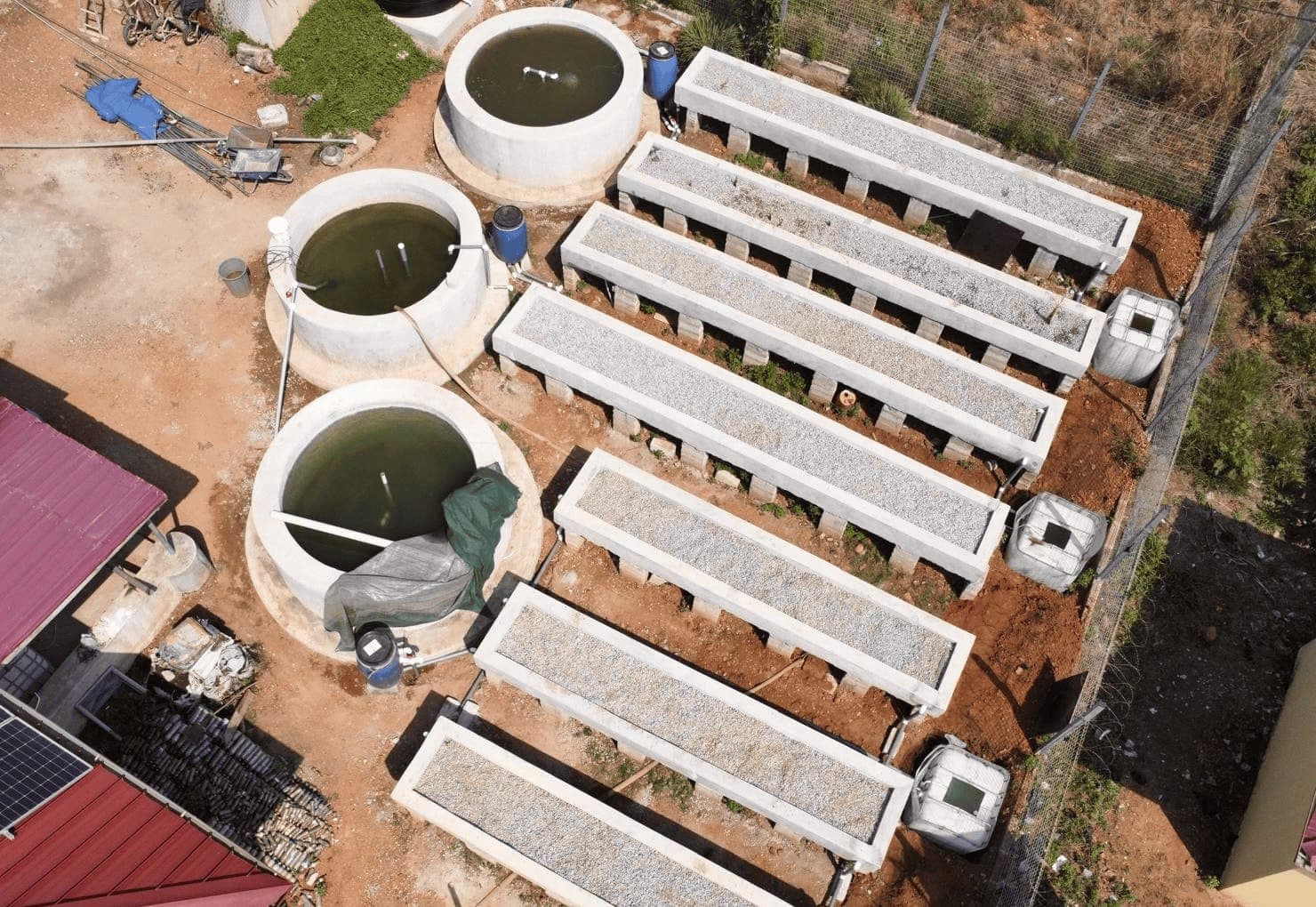 Aerial view of an aquaponics system at an Ecovante project site
